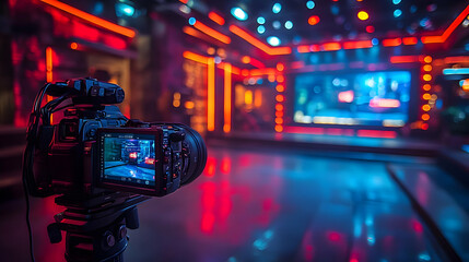 Camera in a Studio Setting with Red and Blue Lights - Photo