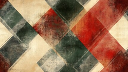Elegant plaid pattern with intersecting diagonal stripes in red, green, and white, soft woven texture, slight vintage fade, warm diffused light, detailed intersections, holiday ambiance.