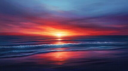 The horizon is ablaze with color as the sun sets over the tranquil ocean. Shades of red, orange