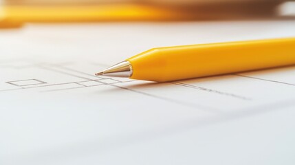 Fototapeta premium Close-up of a yellow pencil resting on drafting paper with grid lines, perfect for creative design and planning.