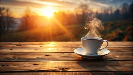 A cup of coffee with steam rising against a backdrop of golden sunrise and a wooden table