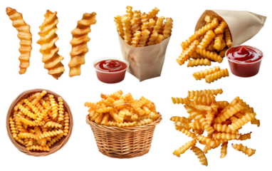 Crinkle cut wavy potato french fries fry, many angles and view side top front heap pile, paper wrap, basket, tomato ketchup on transparent cutout, PNG file. Mockup template for artwork graphic design