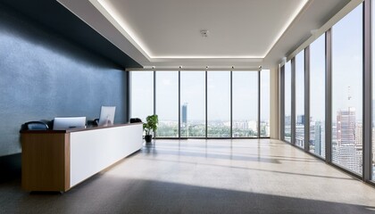 Bright office corridor with panoramic windows, city view, reception desk and daylight. 3D Rendering.
