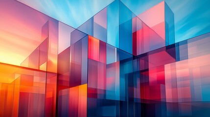 Abstract Glass Architecture in Motion Blur with Overlapping Blue Shapes Against a Gradient Background