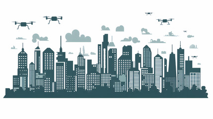 Fototapeta premium A city skyline with four drones flying over it, representing the future of technology and urban living.
