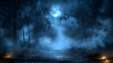 Fototapeta premium Mysterious Foggy Forest Path at Night Illustration