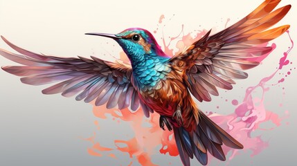 Obraz premium A vibrant hummingbird in mid-flight, surrounded by colorful splashes of paint.