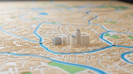 Detailed city map showcasing urban structures and waterways.