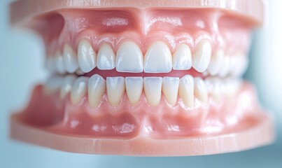 Detailed close-up of a dental model showcasing realistic human teeth and gums for educational purposes.