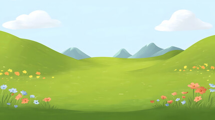A lush green meadow with hills and mountains in the background, featuring blue sky and scattered wildflowers.