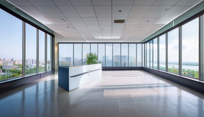Fototapeta premium Clean office corridor with panoramic windows, city view, reception desk and daylight. 3D Rendering.