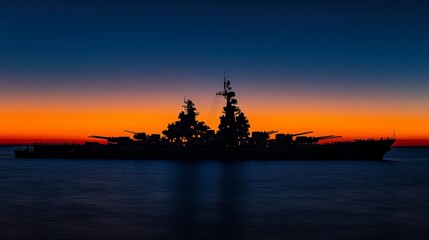 Naklejka premium Majestic Battleship Silhouette Against Dusk Sky Transitioning from Orange to Deep Blue
