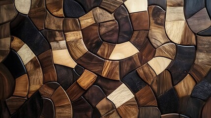 A close-up image of a wooden wall with a mosaic pattern of different wood types. 