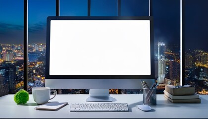 Fototapeta premium Close up of designer office desktop with empty white computer monitor, window with night city view, decorative items and supplies. Mock up, 3D Rendering.