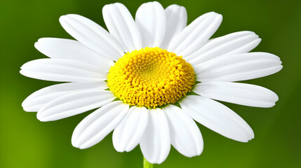 Obraz premium A single white daisy with a yellow center against a green background.