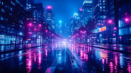 Fototapeta premium Neon Cityscape Rain Night Illustration
