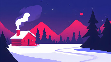 Fototapeta premium Cozy cabin with smoke rising from the chimney in snowy mountains at night.