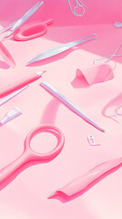 Obraz premium Pink and white stationery objects on a pink background with sunlight.