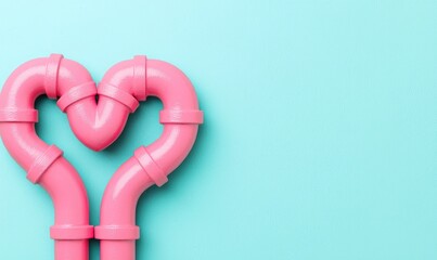 Pink plumbing pipes arranged in a heart shape on a teal background, creative design concept for love and construction themes.