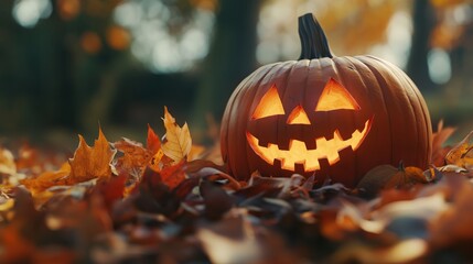 A cheerful JackoLantern radiates a warm glow while surrounded by vibrant autumn leaves, embodying festive seasonal joy and creativity