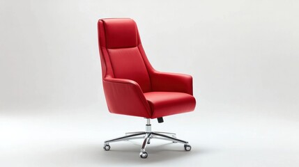 Obraz premium red leather office chair designed for ergonomic support, featuring sleek lines and a polished chrome base.