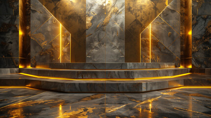 Luxurious brown marble stage with golden lines for product display	
