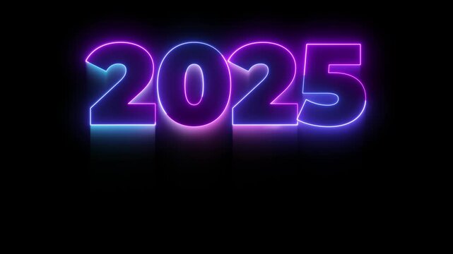 Neon glowing light 2025 year looped animation on black background. Bright pink blue laser number 2025 happy new year. Cosmic vibrant color Retrofuturism Cyberpunk style new year event seamless loop. 