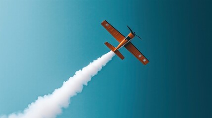 Orange aerobatic airplane flying upward leaving a trail of white smoke against a clear blue sky in a dynamic aerial display
