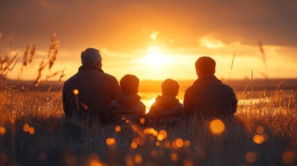 Three generations of men watch the sunset together in a field.