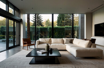 Minimalist home interior design of spacious modern living room with a sectional sofa and large windows