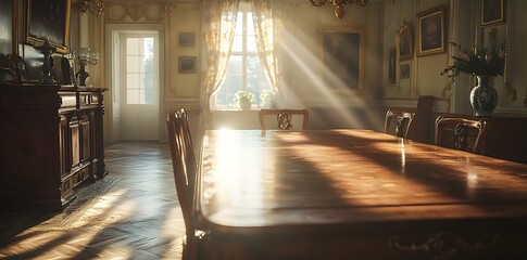 A sunlit dining room with elegant furniture and decorative elements.