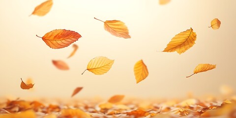 Fototapeta premium Falling Autumn Leaves Minimalist White Background with Space for Text