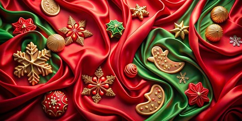 Fototapeta premium A festive tableau of golden snowflakes, stars, and ornate ornaments nestled upon a dramatic backdrop of swirling red and green silk.