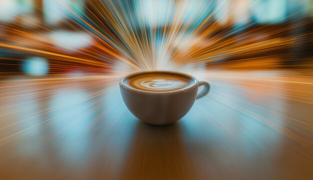 a cup of coffee with latte art in the center, surrounded by an explosion effect of light rays