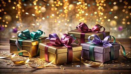 Spectacularly Wrapped Gifts Adorned with Festive Bows on a Rustic Wooden Surface, Illuminated by Sparkling Lights