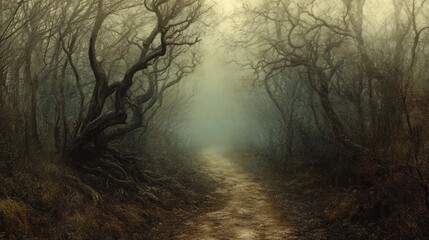 Naklejka premium A fog-shrouded forest path, with twisted branches and ghostly apparitions barely visible among the trees.