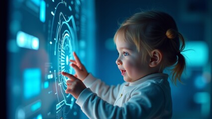 Curious Toddler Interacts With a Futuristic Touchscreen Display in a Modern Learning Environment During the Morning Hours
