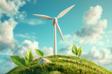 Climate activism change solution concept. A wind turbine stands on a grassy hill surrounded by small plants with a bright blue sky and clouds in the background