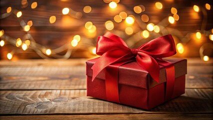 A Festive Gift Box with a Red Bow Adorned with a Warm Glow of Twinkling Lights on a Rustic Wooden Surface