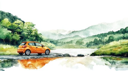 A vibrant orange car parked near a serene lake, surrounded by lush green hills, capturing the essence of nature and adventure.