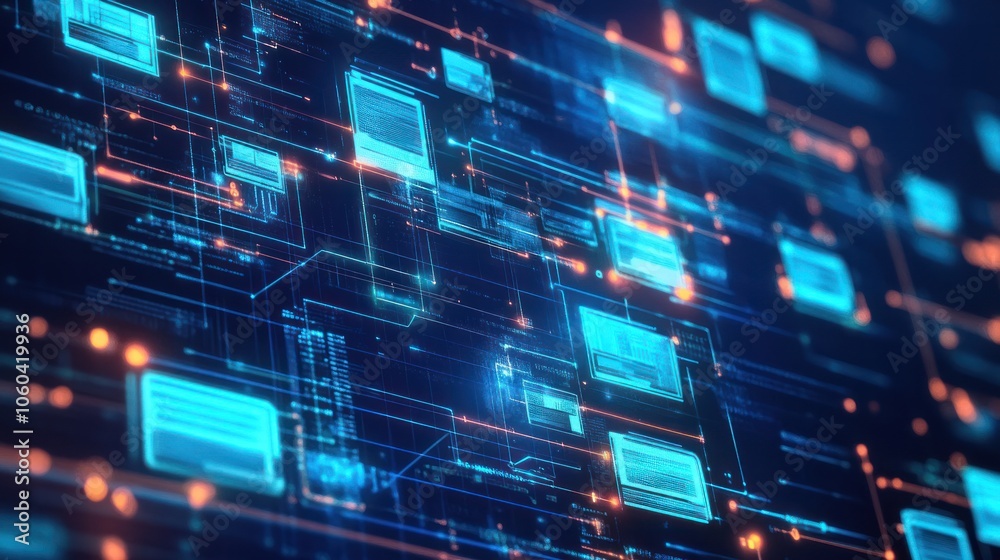 Poster abstract network grid with icons of files and folders floating in a virtual space symbolizing a digi