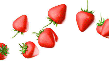 Juicy 3D strawberries flying around on white background