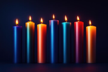 A serene arrangement of colorful candles lit against a dark background.