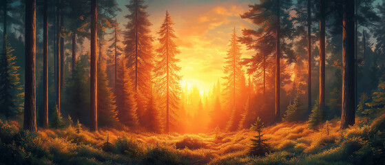 Illustration vectorielle de forêt en digital art pour écran panoramique