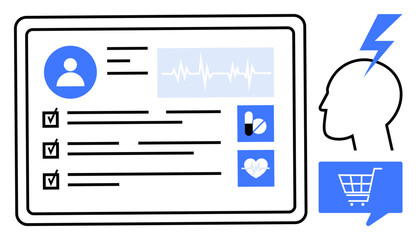 Medical data includes profile icon, heart rate, tasks, medication, and heart health symbols. Ideal for telemedicine, health apps, digital health records, medical presentations, healthcare technology