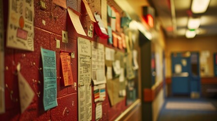 Vibrant bulletin board with colorful flyers and memos on red wall in softly lit hallway, cluttered with info and announcements, vintage vibe, potential copy space
