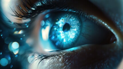 closeup of a human eye with a blue digital cyber electronic light beam reflecting across the iris,