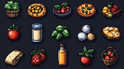 A colorful assortment of food items including fruits, vegetables, and dishes.