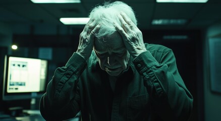 An elderly man experiencing distress in a dark office at night