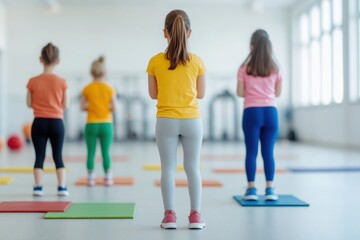 Fototapeta premium A group of children participating in a fitness class, focusing on wellness and physical activity in a bright studio environment.